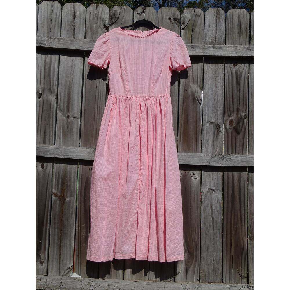 Vtg Pink Gingham Prairie Dress Cotton Maxi Back Metal Zip Cottagecore Aesthetic